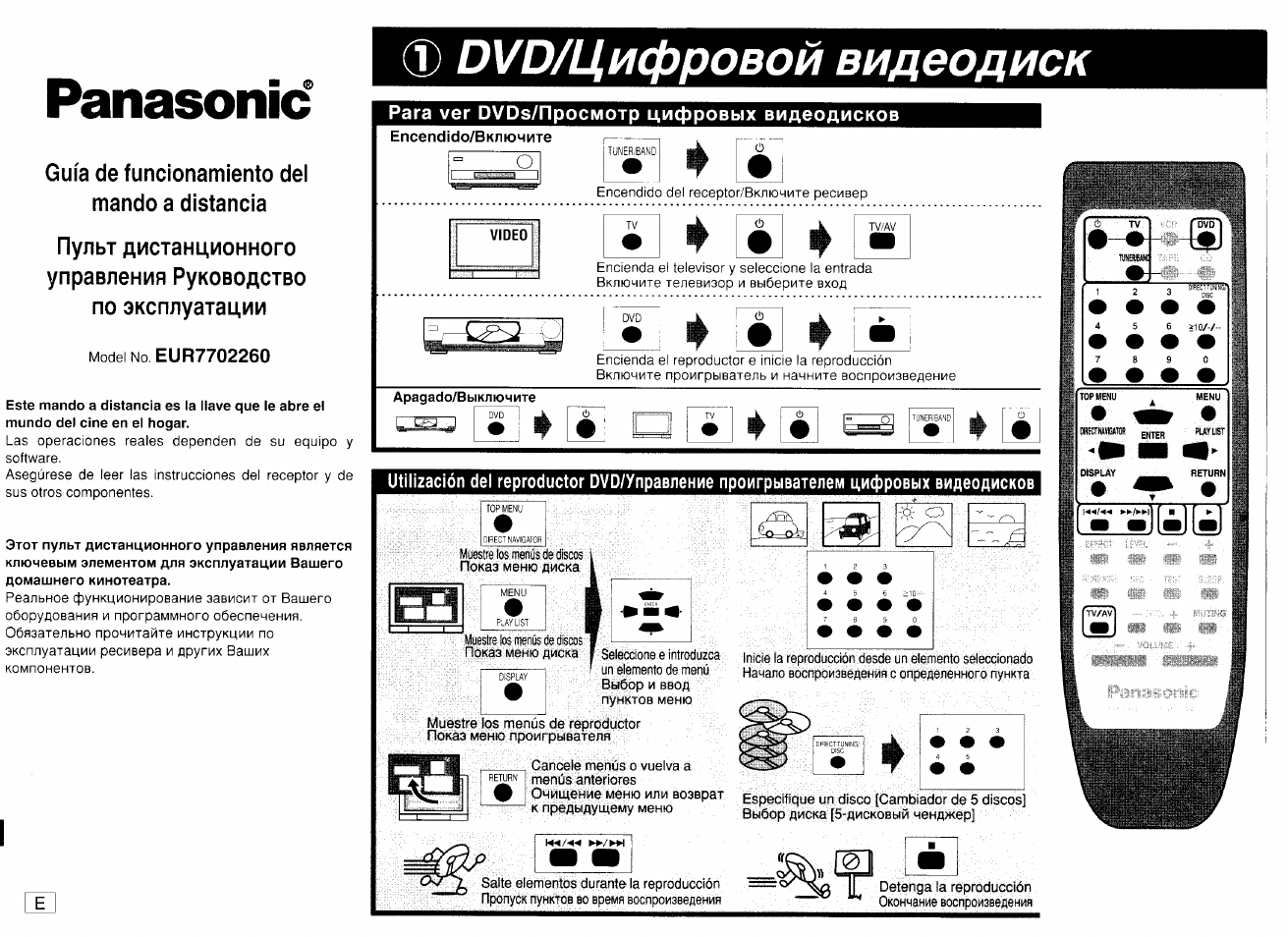 Panasonid, Model no. eur7702260, Ф dvd/цифровой видеодиск | Рага ver dvds/просмотр цифровых видеодисков, Apagado/выключите, Ф lij ф l, Dvd/цифровой видеодиск | Panasonic SA-HE75 User Manual | Page 2 / 5