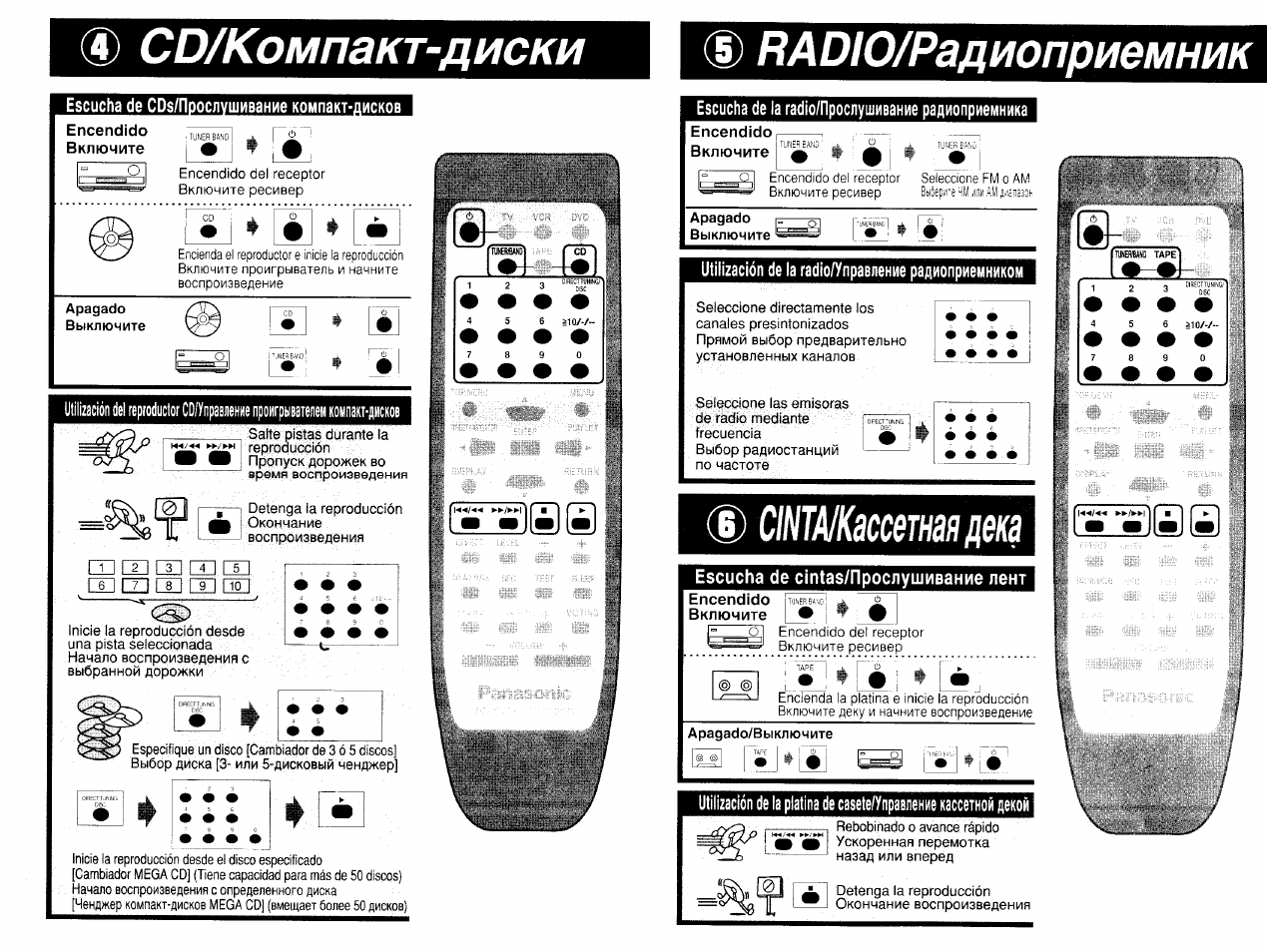 D cd/компакт-диски, Escucha de соз/поослушивание компакт-дисков, Encendido | Apagado, 5) radio/радиоприемник, Escucha de la radío/прослушивание радиоприемника, Utilización de la radio/управление радиоприемником, Escucha de cintas/прослушивание лент, Apagado/выключите, Cd/компакт-диски | Panasonic SA-HE75 User Manual | Page 4 / 5