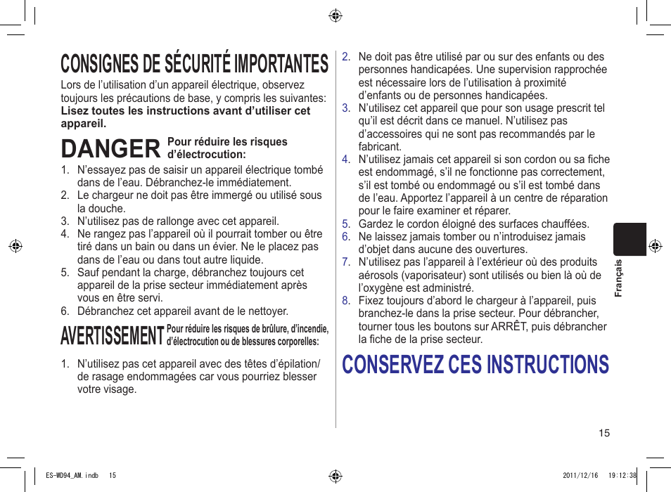Consignesdesécuritéimportantes, Danger, Avertissement | Conservezcesinstructions | Panasonic ES-WD94 User Manual | Page 15 / 44