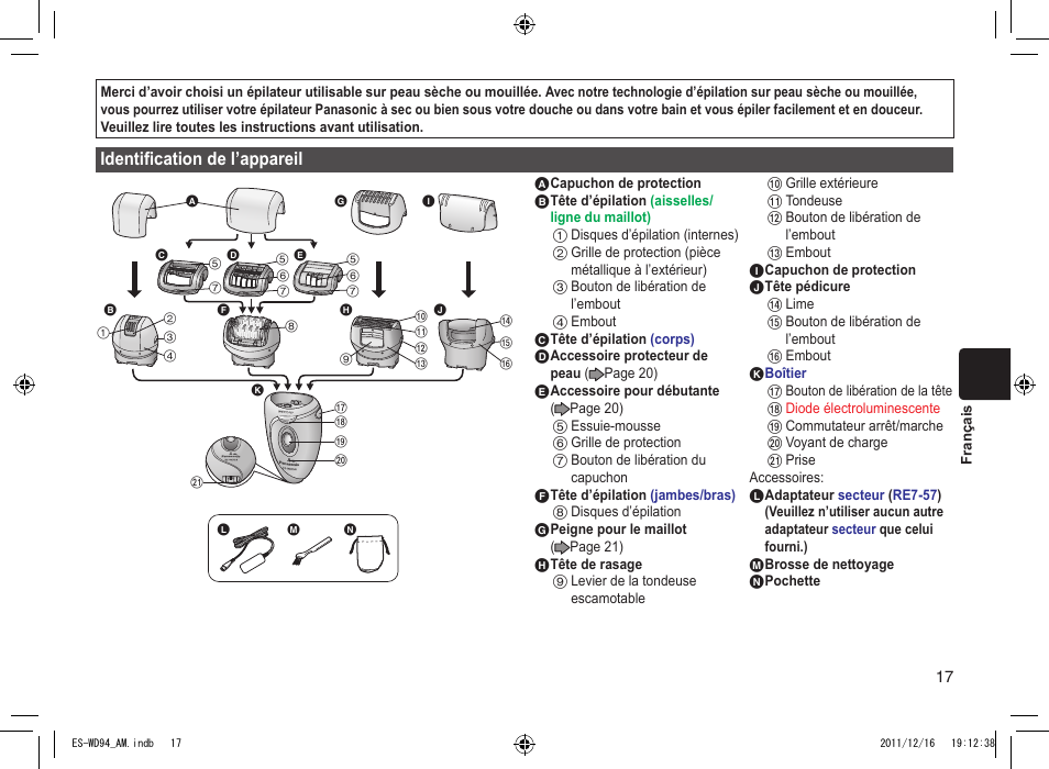 Identificationdel’appareil | Panasonic ES-WD94 User Manual | Page 17 / 44