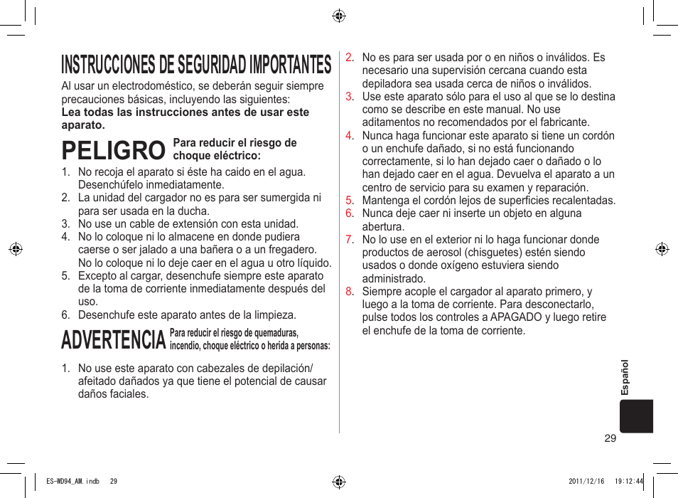Instruccionesdeseguridadimportantes, Peligro, Advertencia | Panasonic ES-WD94 User Manual | Page 29 / 44