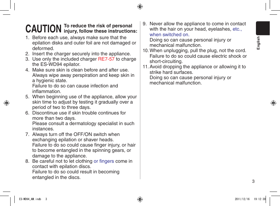 Caution | Panasonic ES-WD94 User Manual | Page 3 / 44