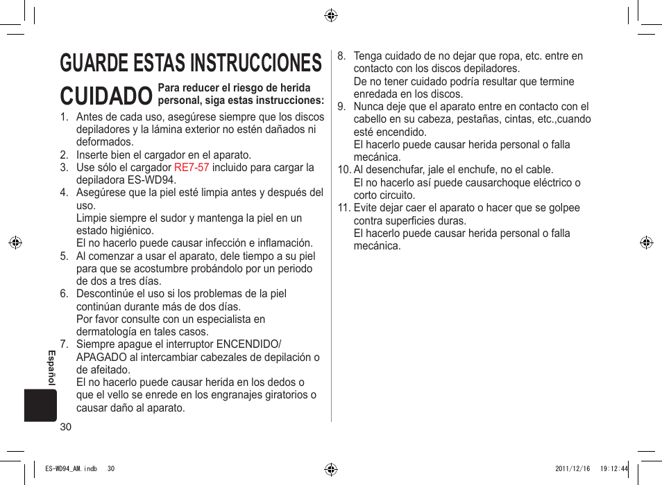 Guardeestasinstrucciones cuidado | Panasonic ES-WD94 User Manual | Page 30 / 44