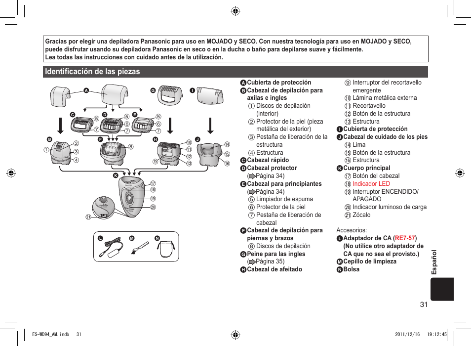 Identificacióndelaspiezas | Panasonic ES-WD94 User Manual | Page 31 / 44