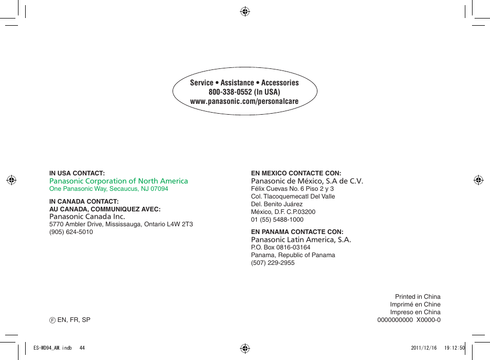 Panasonic ES-WD94 User Manual | Page 44 / 44