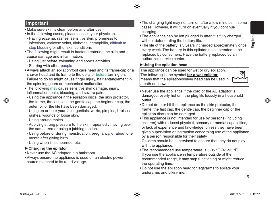 Panasonic ES-WD94 User Manual | Page 5 / 44