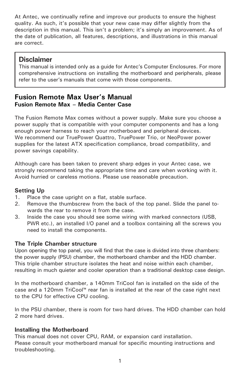 Fusion remote max user’s manual, Disclaimer | Antec Veris User Manual | Page 2 / 11