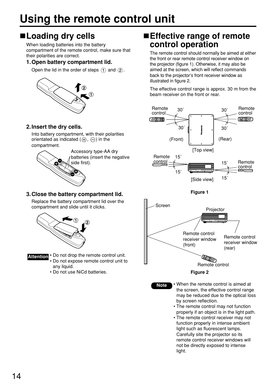 Using the remote control unit, Loading dry cells, Effective range of remote control operation | Panasonic PT-D5700 User Manual | Page 14 / 64