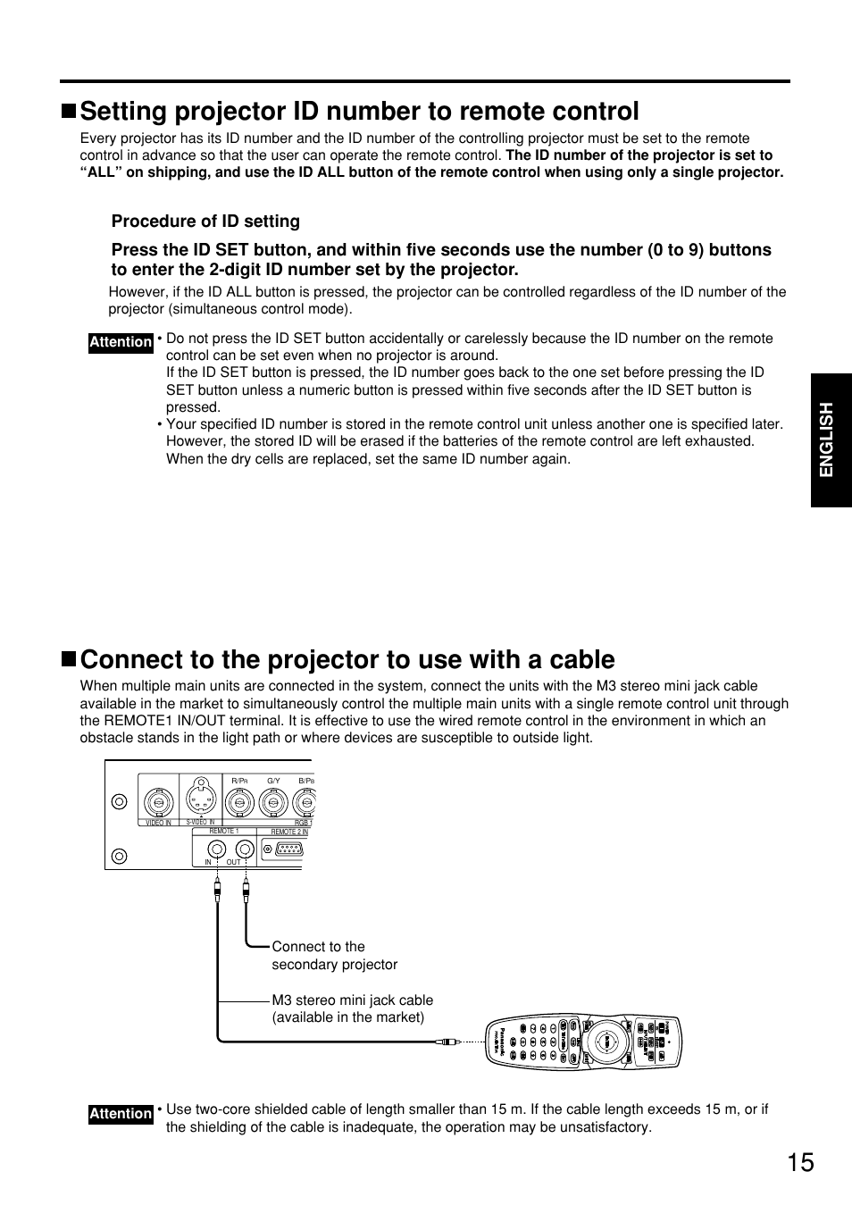 Setting projector id number to remote control, Connect to the projector to use with a cable, English | Panasonic PT-D5700 User Manual | Page 15 / 64