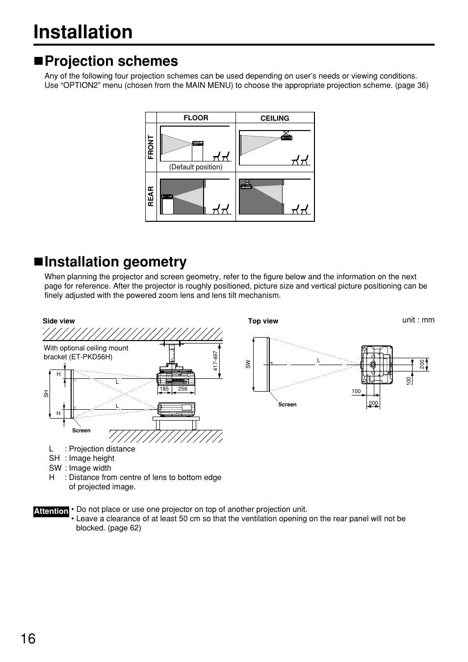 Installation, Installation geometry, Projection schemes | Panasonic PT-D5700 User Manual | Page 16 / 64