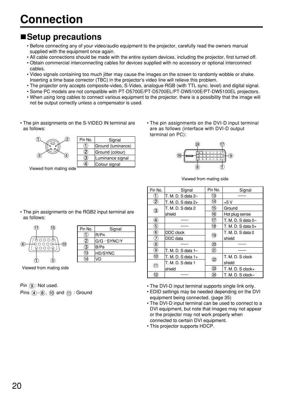 Connection, Setup precautions | Panasonic PT-D5700 User Manual | Page 20 / 64