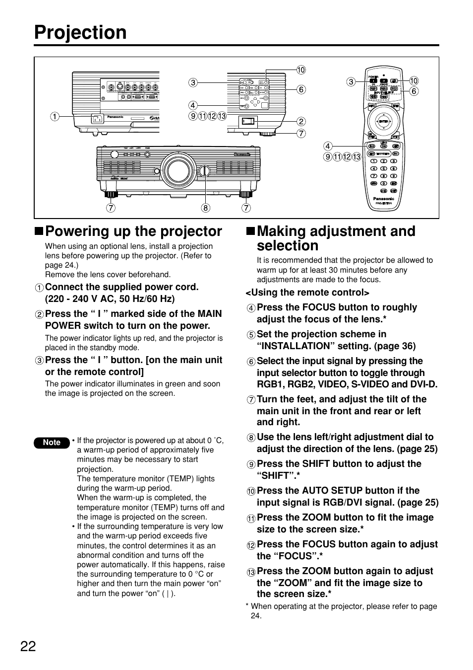 Projection, Powering up the projector, Making adjustment and selection | Panasonic PT-D5700 User Manual | Page 22 / 64