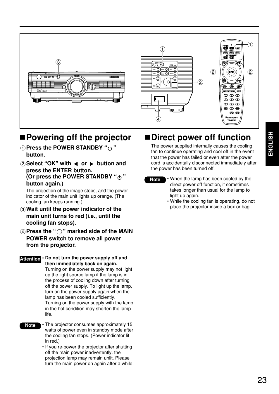 Powering off the projector, Direct power off function | Panasonic PT-D5700 User Manual | Page 23 / 64