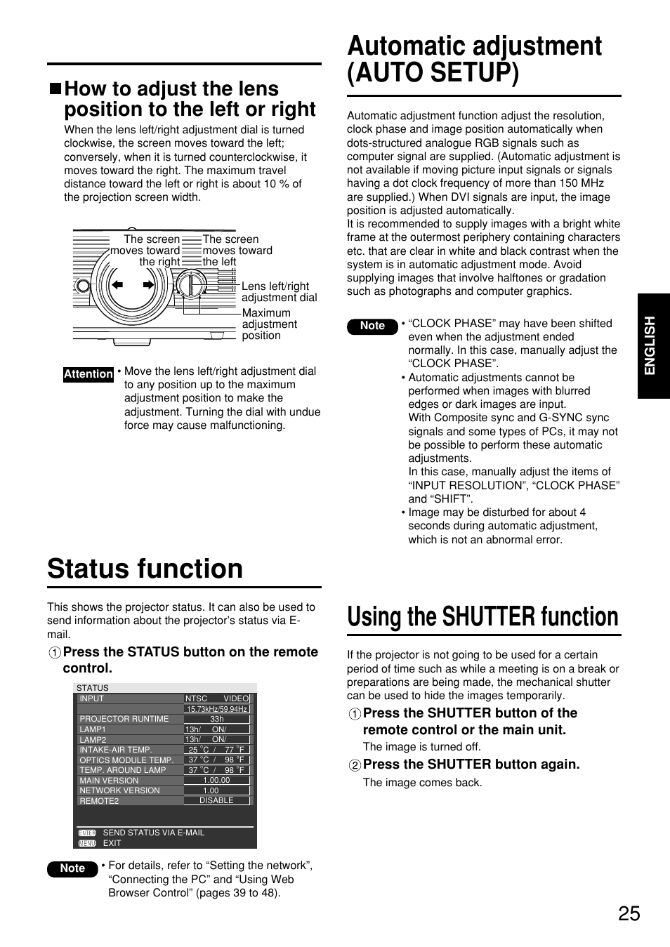 Automatic adjustment (auto setup), Using the shutter function, Status function | Panasonic PT-D5700 User Manual | Page 25 / 64