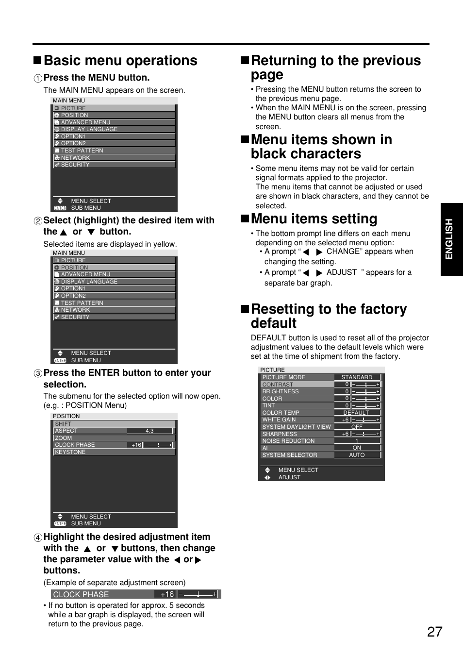 Returning to the previous page, Menu items shown in black characters, Menu items setting | Resetting to the factory default, Basic menu operations, English, Press the menu button, Press the enter button to enter your selection | Panasonic PT-D5700 User Manual | Page 27 / 64