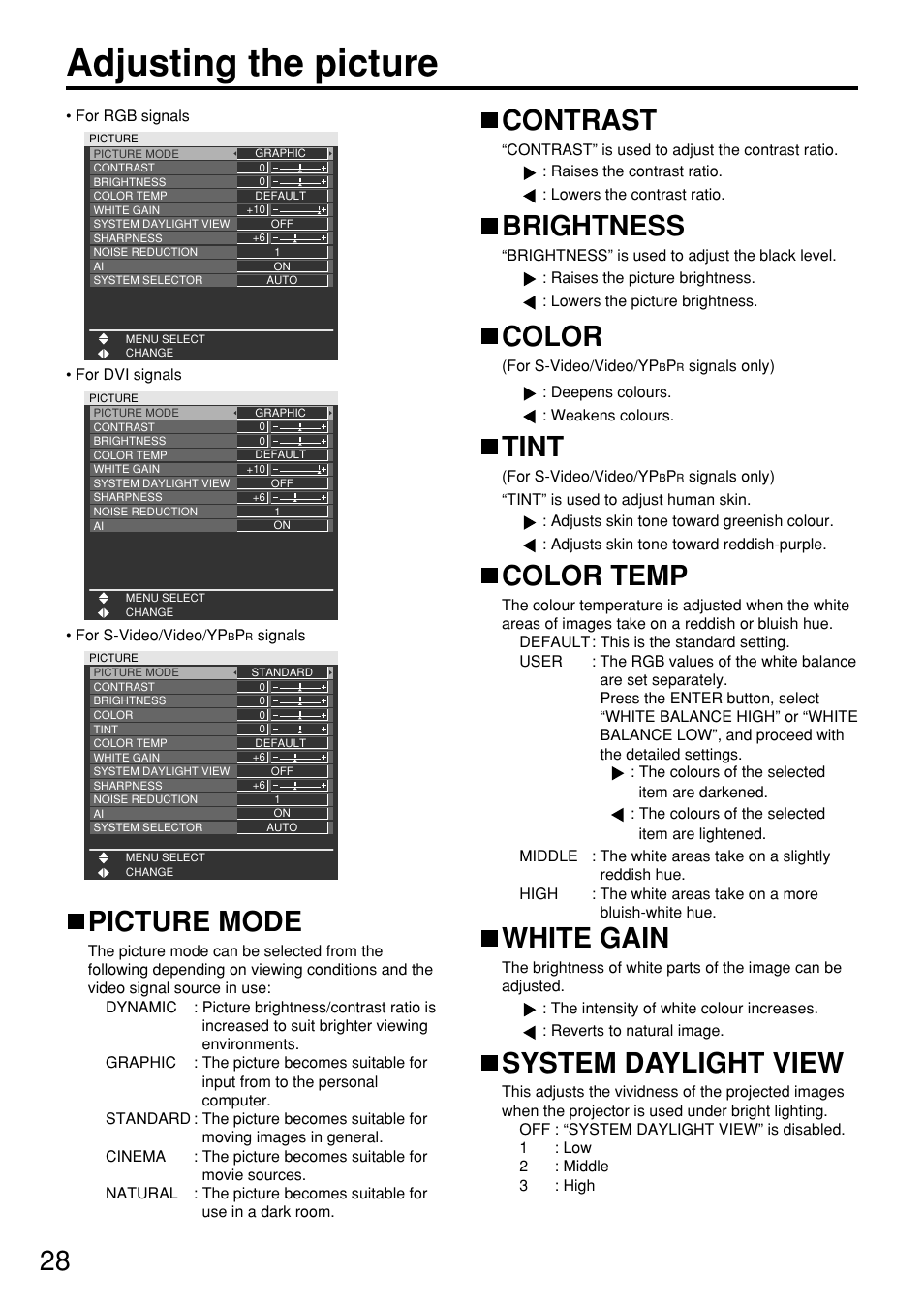 Adjusting the picture, Picture mode, Contrast | Brightness, Color, Tint, Color temp, White gain, System daylight view | Panasonic PT-D5700 User Manual | Page 28 / 64