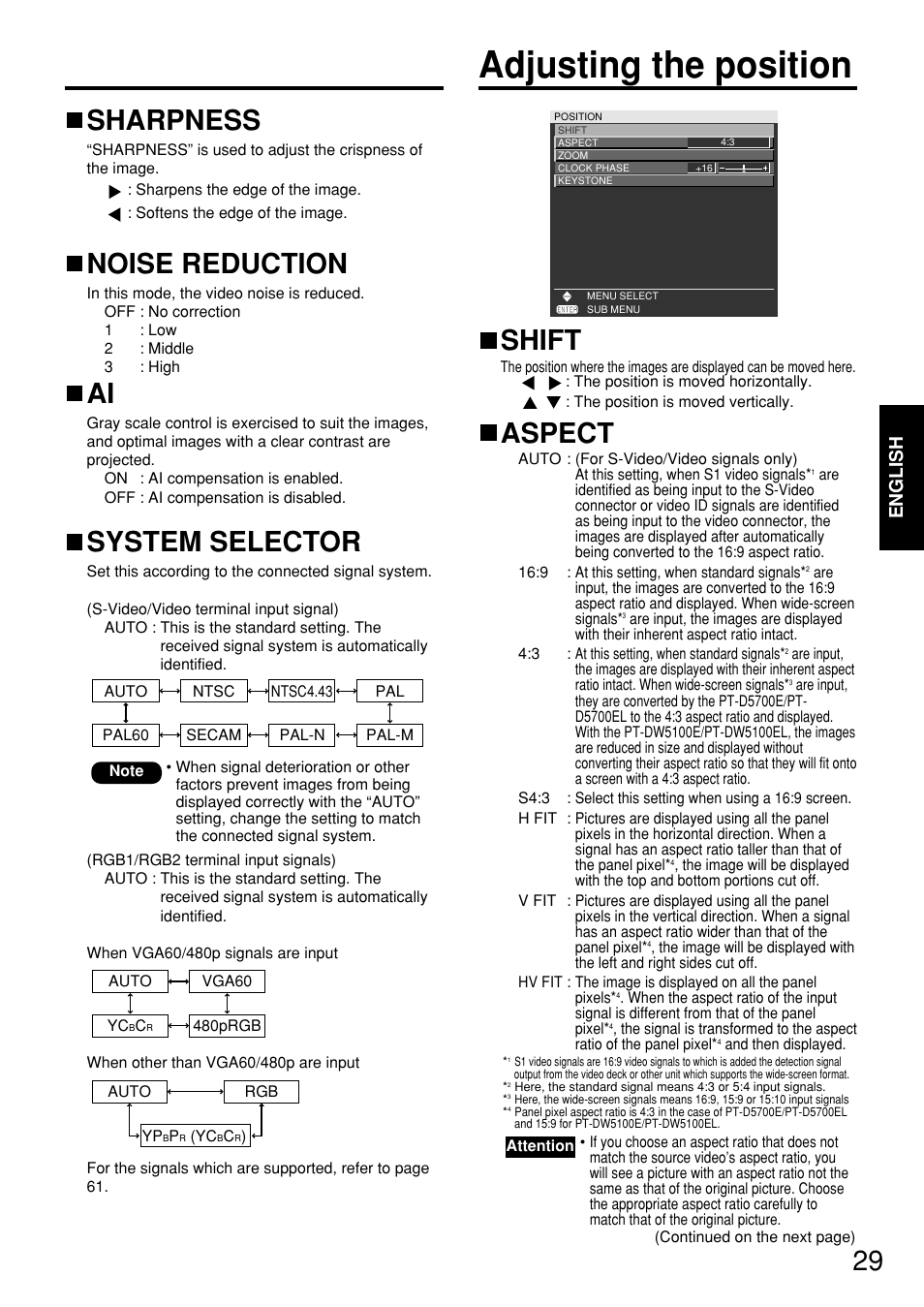 Adjusting the position, Shift, Aspect | Sharpness, Noise reduction, System selector, English | Panasonic PT-D5700 User Manual | Page 29 / 64