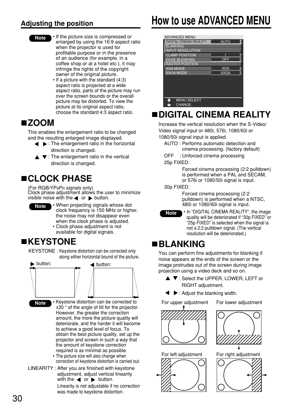 How to use advanced menu, Keystone, Zoom | Clock phase, Digital cinema reality, Blanking, Adjusting the position | Panasonic PT-D5700 User Manual | Page 30 / 64