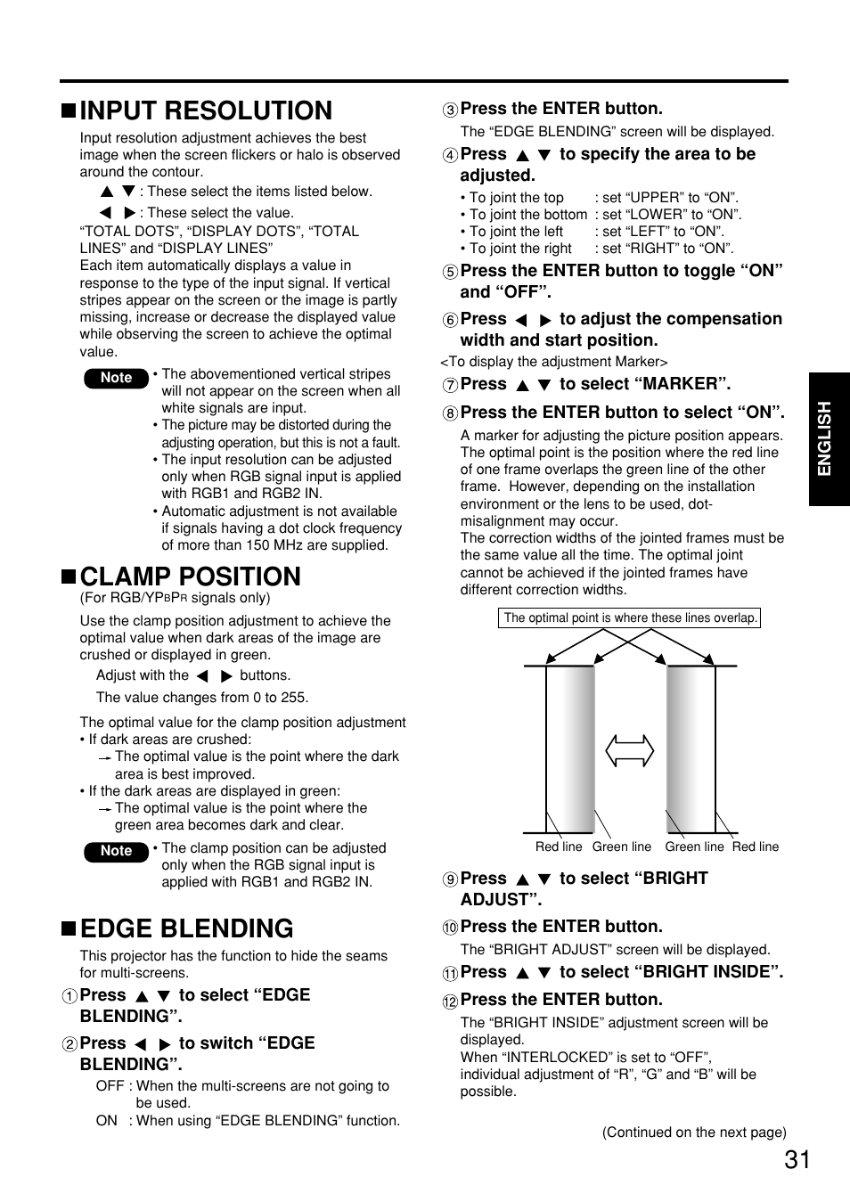 Input resolution, Clamp position, Edge blending | Panasonic PT-D5700 User Manual | Page 31 / 64