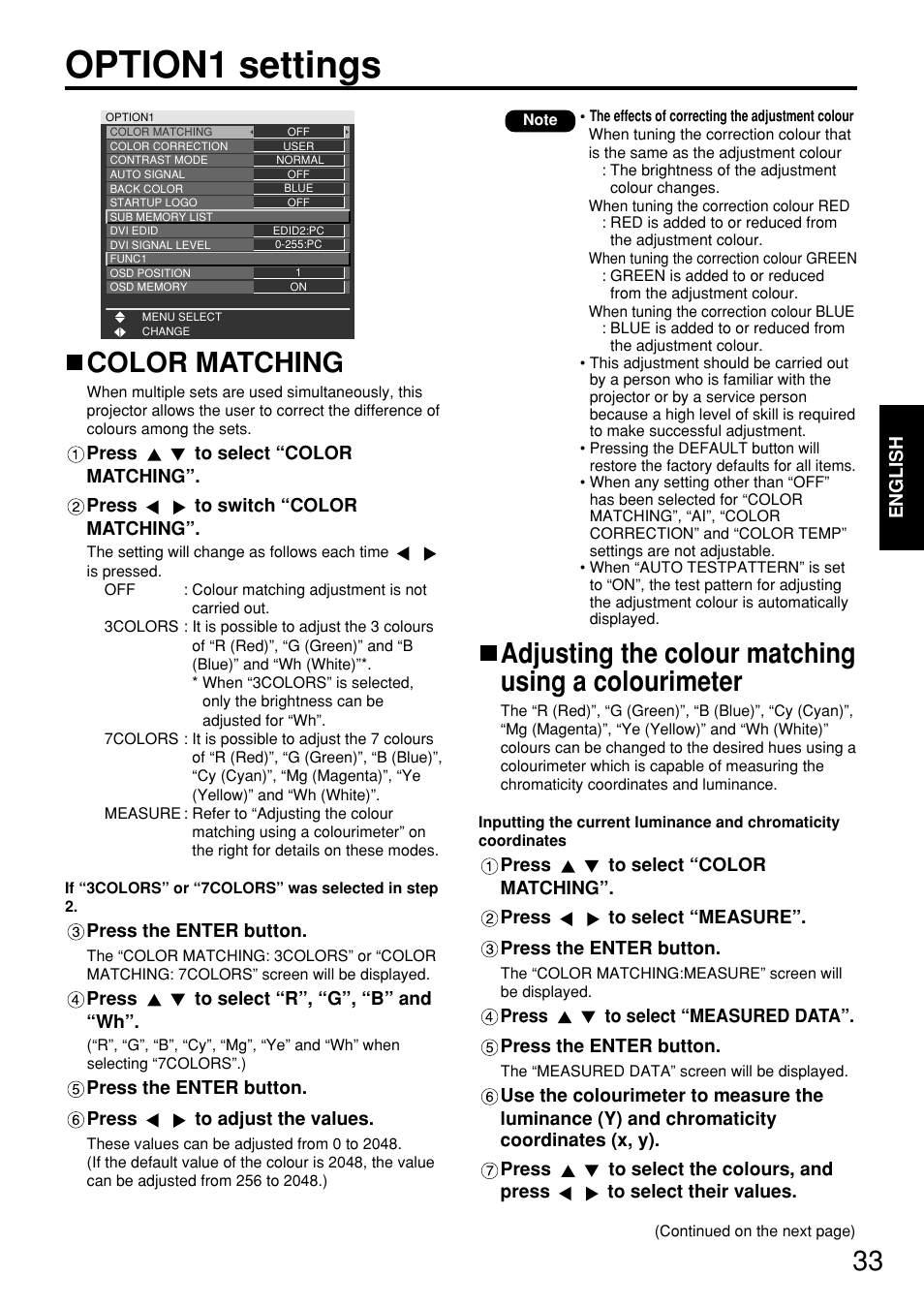 Option1 settings, Color matching, Adjusting the colour matching using a colourimeter | Panasonic PT-D5700 User Manual | Page 33 / 64