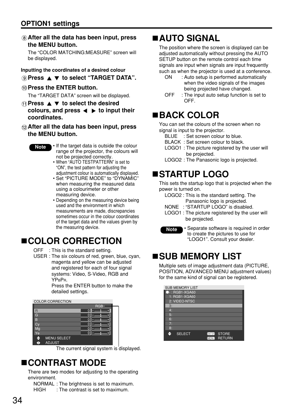 Color correction, Contrast mode, Auto signal | Back color, Startup logo, Option1 settings | Panasonic PT-D5700 User Manual | Page 34 / 64