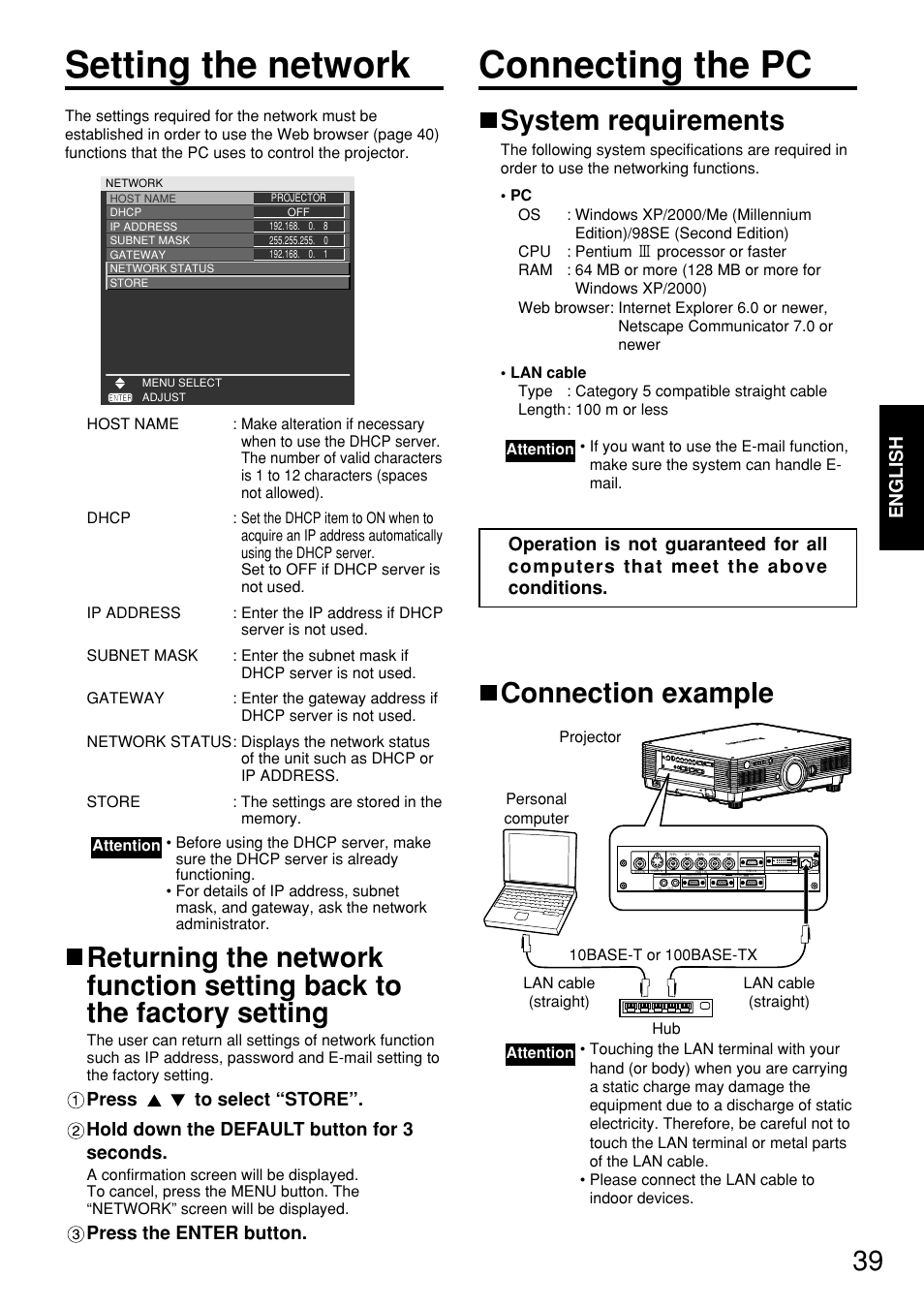 Setting the network connecting the pc, System requirements, Connection example | English, Press the enter button | Panasonic PT-D5700 User Manual | Page 39 / 64
