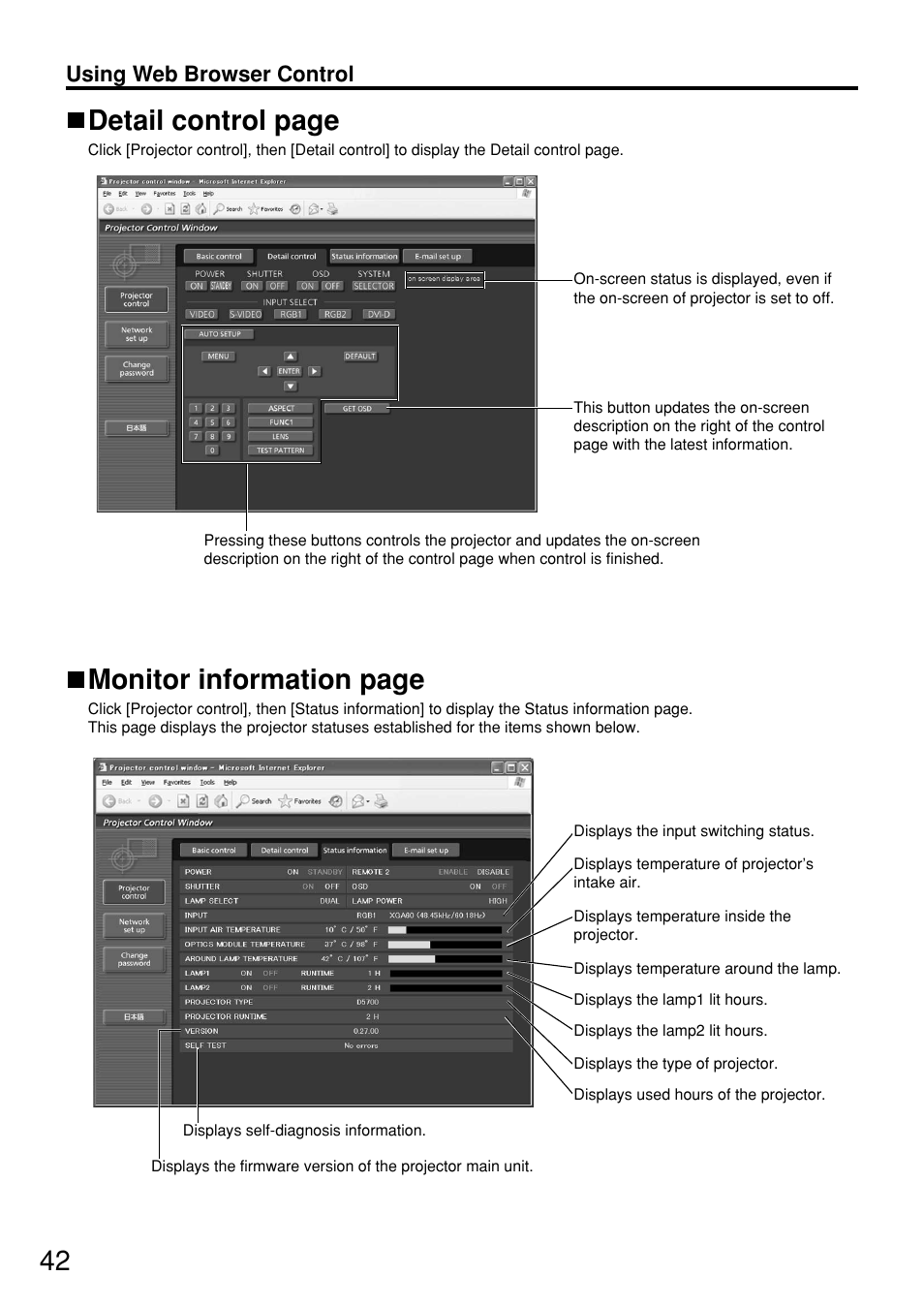 Detail control page, Monitor information page, Using web browser control | Panasonic PT-D5700 User Manual | Page 42 / 64