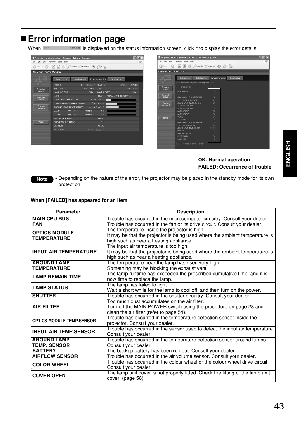Error information page | Panasonic PT-D5700 User Manual | Page 43 / 64