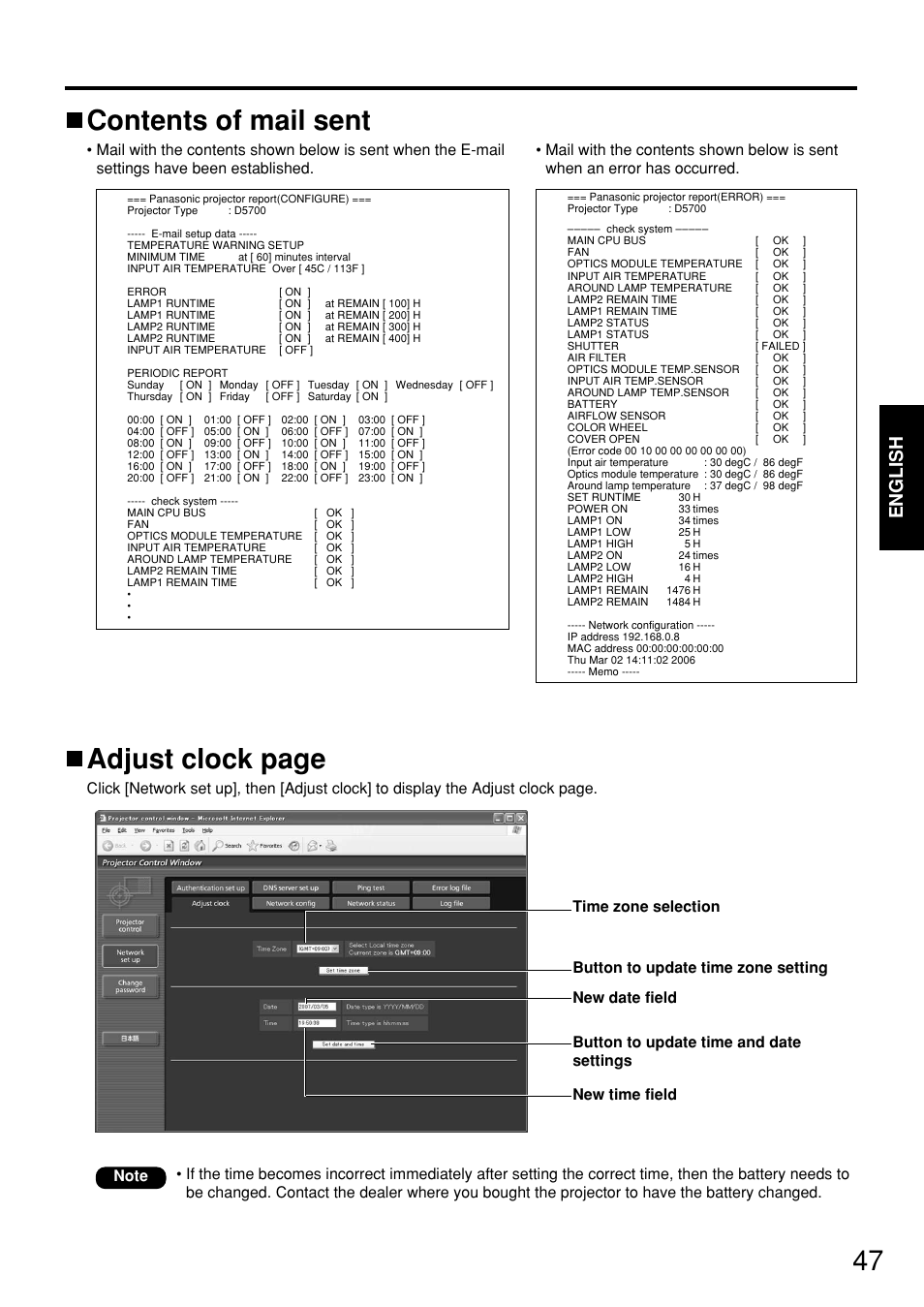 Contents of mail sent, Adjust clock page, English | Panasonic PT-D5700 User Manual | Page 47 / 64