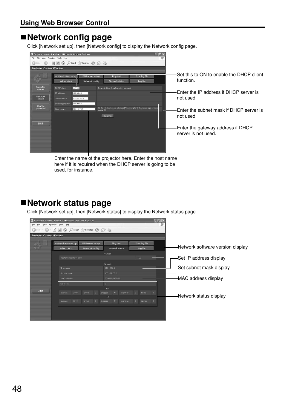 Network config page, Network status page | Panasonic PT-D5700 User Manual | Page 48 / 64