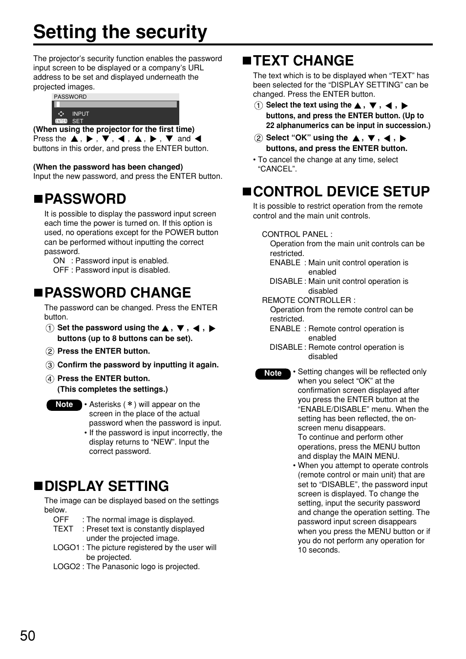 Setting the security, Password, Password change | Display setting, Text change, Control device setup | Panasonic PT-D5700 User Manual | Page 50 / 64