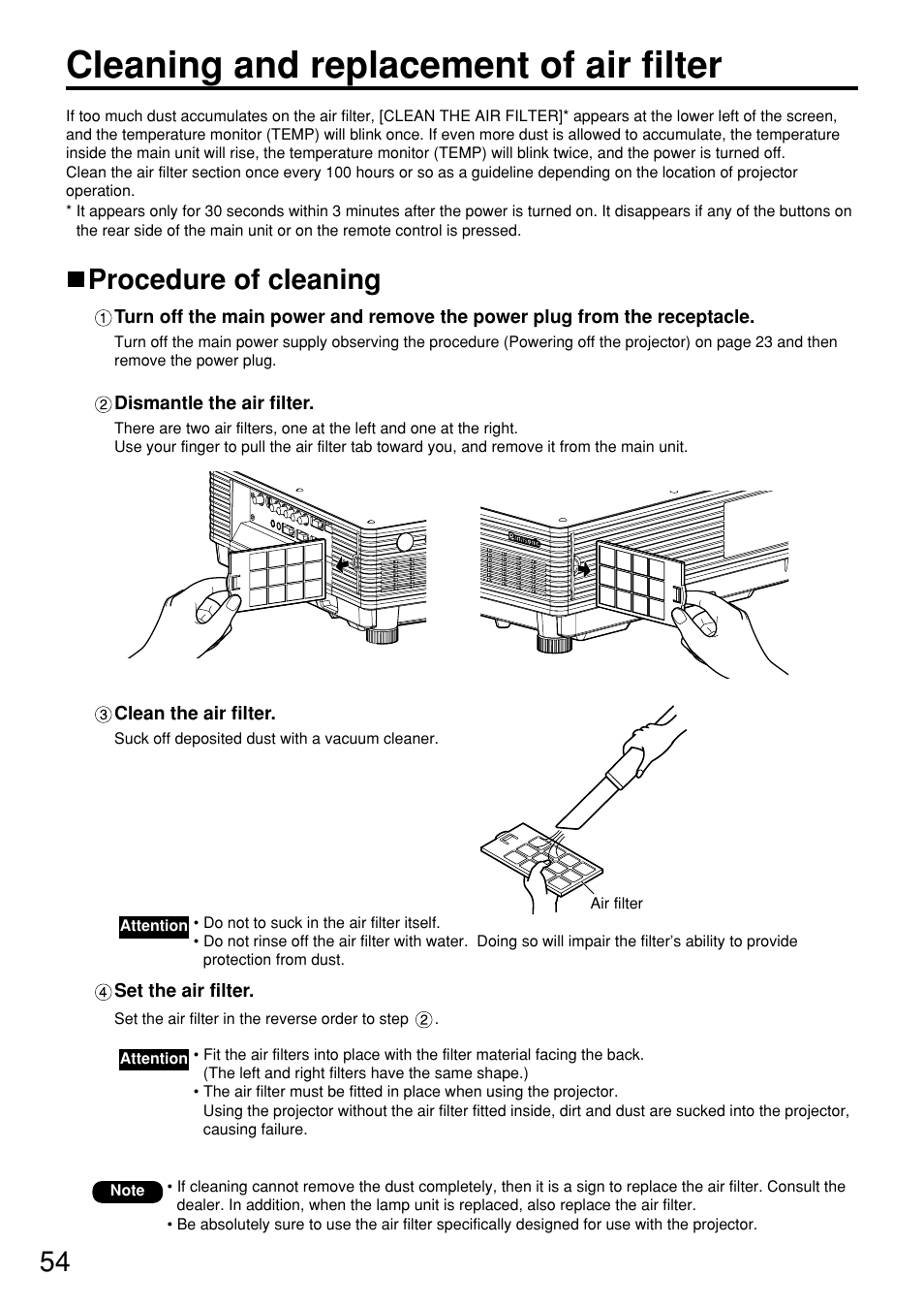 Cleaning and replacement of air filter, Procedure of cleaning | Panasonic PT-D5700 User Manual | Page 54 / 64