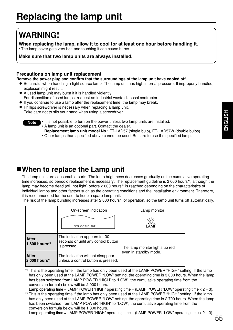 Replacing the lamp unit, Warning, When to replace the lamp unit | Panasonic PT-D5700 User Manual | Page 55 / 64