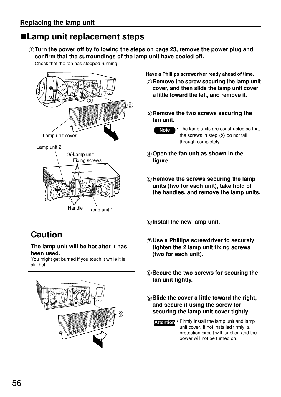 Lamp unit replacement steps, Caution, Replacing the lamp unit | Panasonic PT-D5700 User Manual | Page 56 / 64