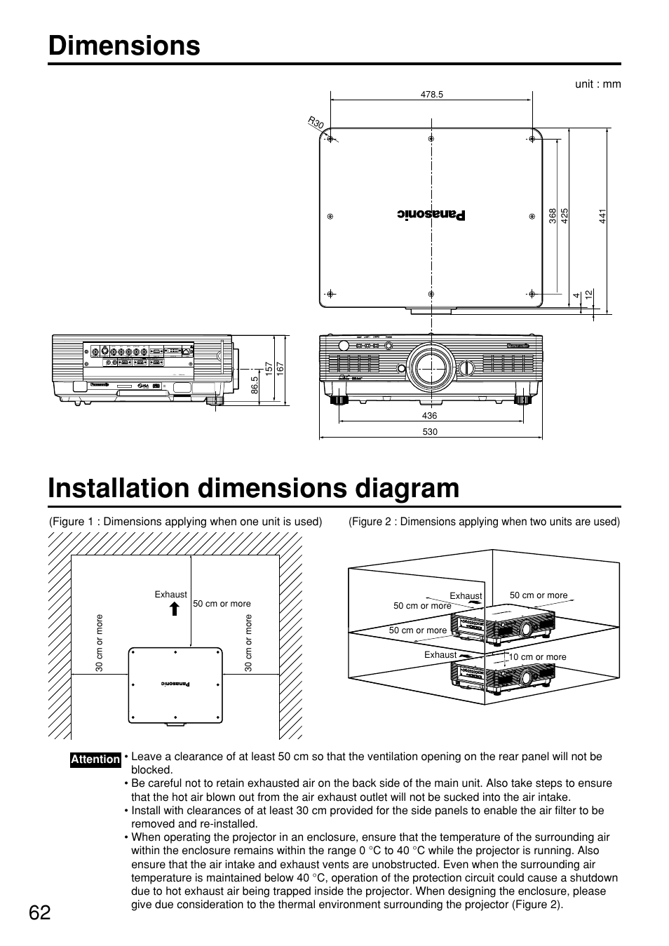 Dimensions, Installation dimensions diagram, Unit : mm | Panasonic PT-D5700 User Manual | Page 62 / 64