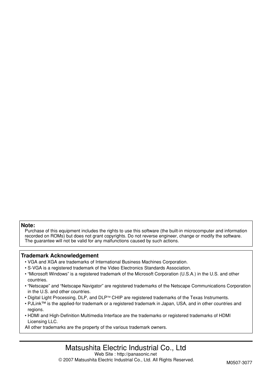 Matsushita electric industrial co., ltd | Panasonic PT-D5700 User Manual | Page 64 / 64