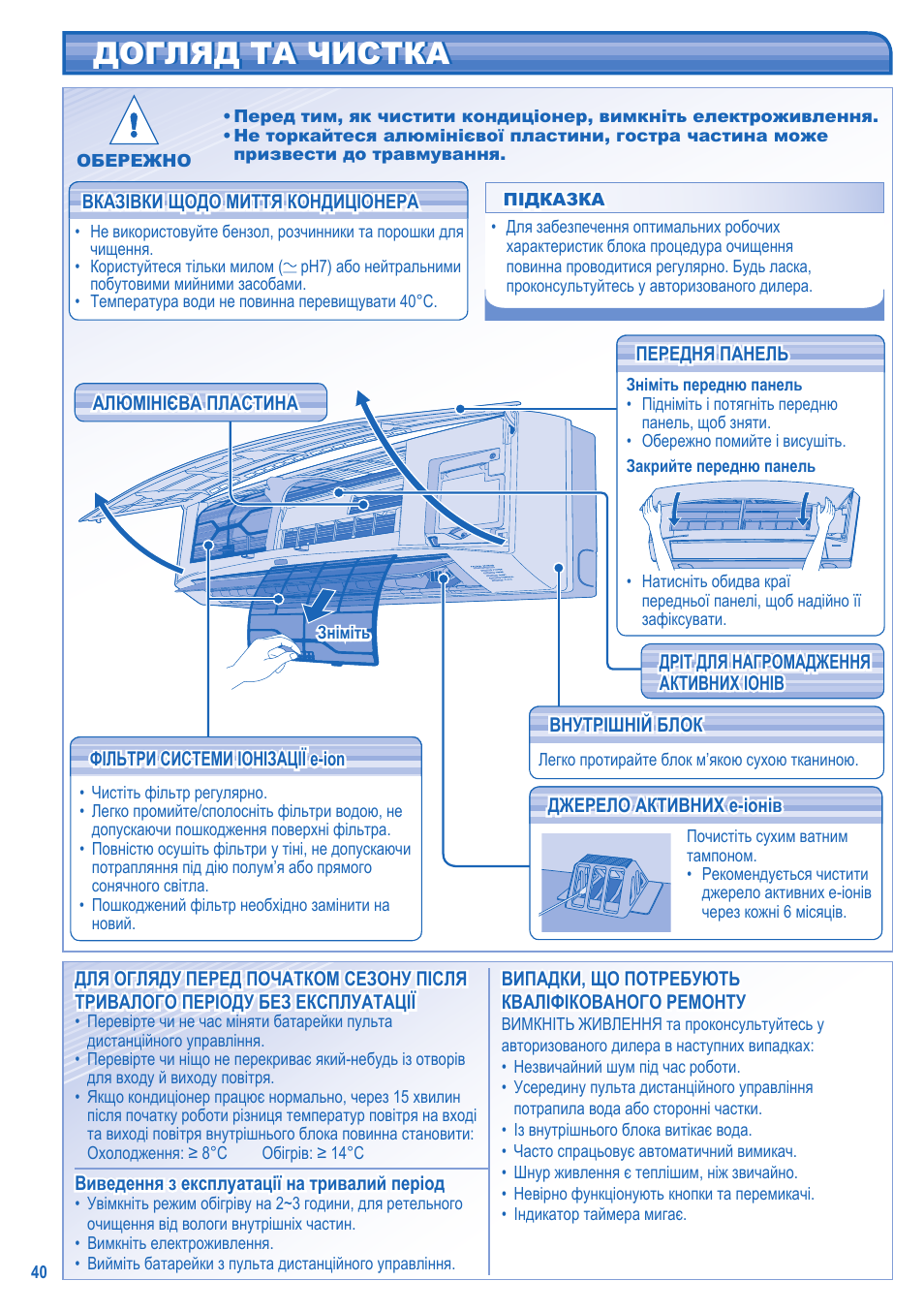 Догляд та чистка | Panasonic CS-A28JKD User Manual | Page 40 / 44
