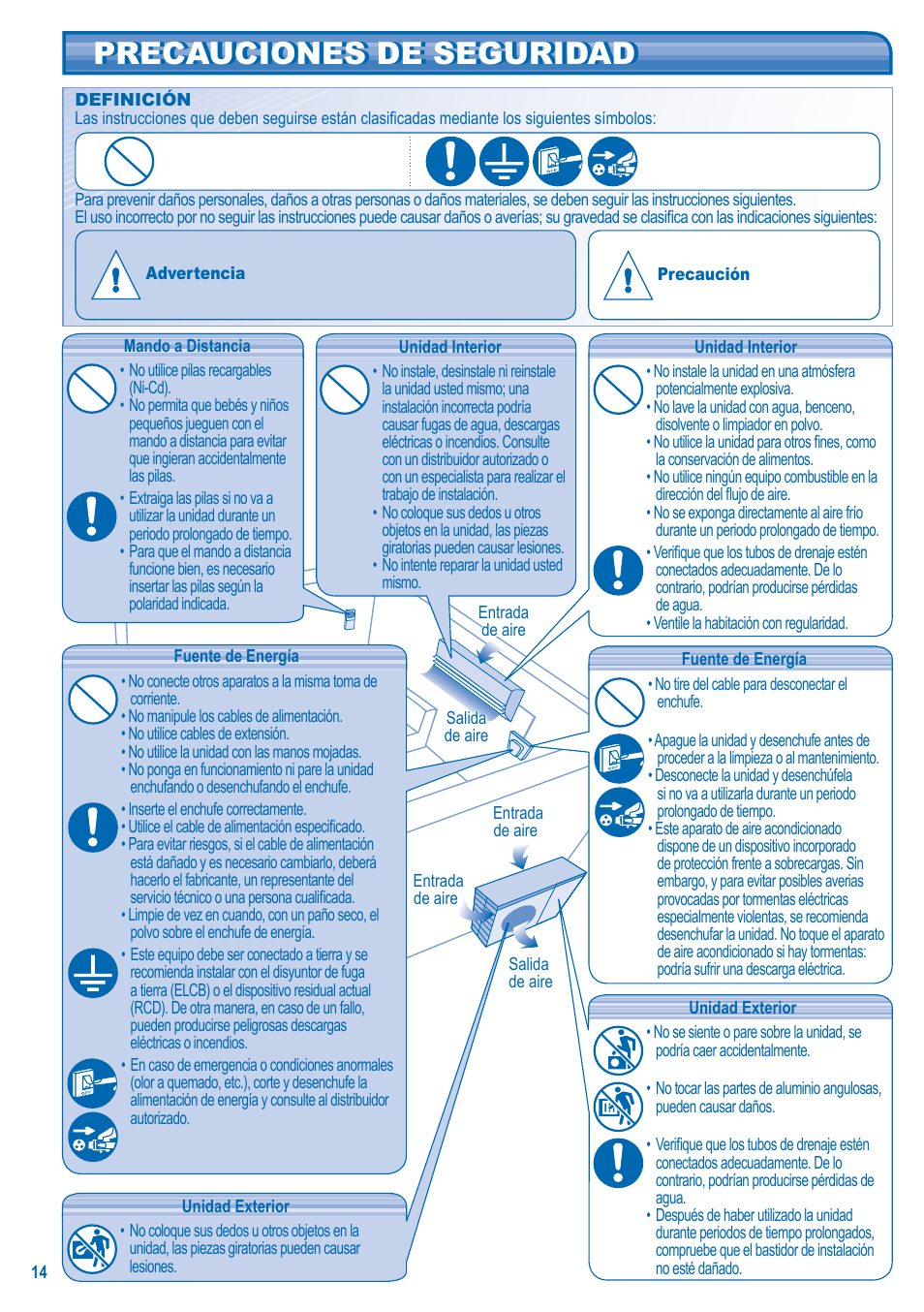 Precauciones de seguridad | Panasonic CS-A9JKD User Manual | Page 14 / 44