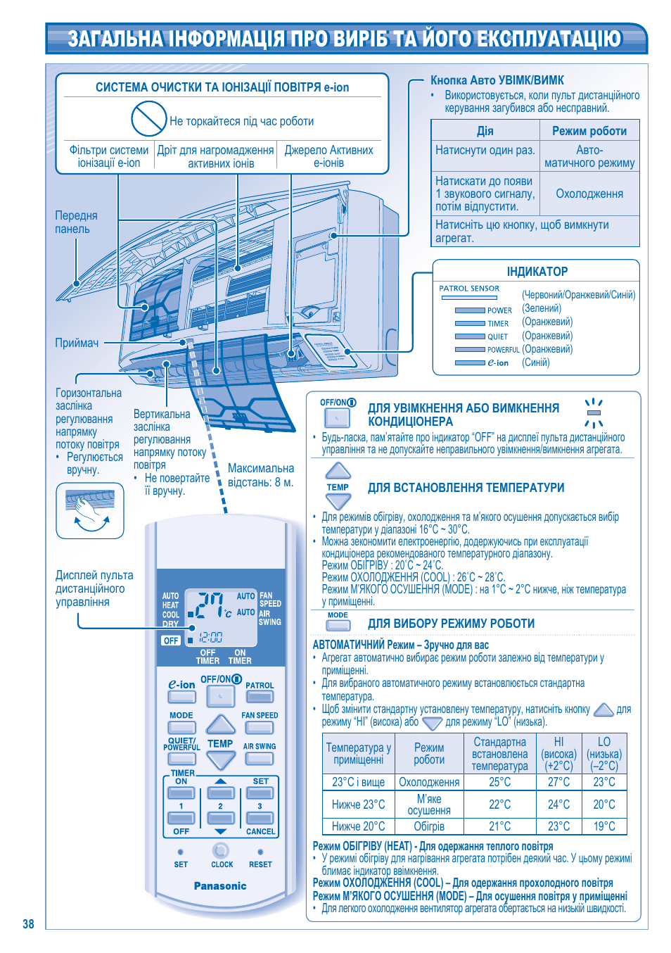 Загальна інформація про виріб та його експлуатацію | Panasonic CS-A9JKD User Manual | Page 38 / 44