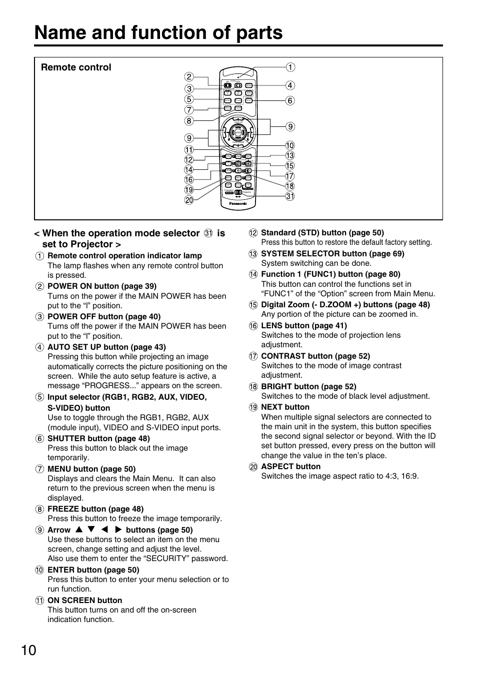 Name and function of parts, Remote control | Panasonic PT-DW7700 ENG User Manual | Page 10 / 116