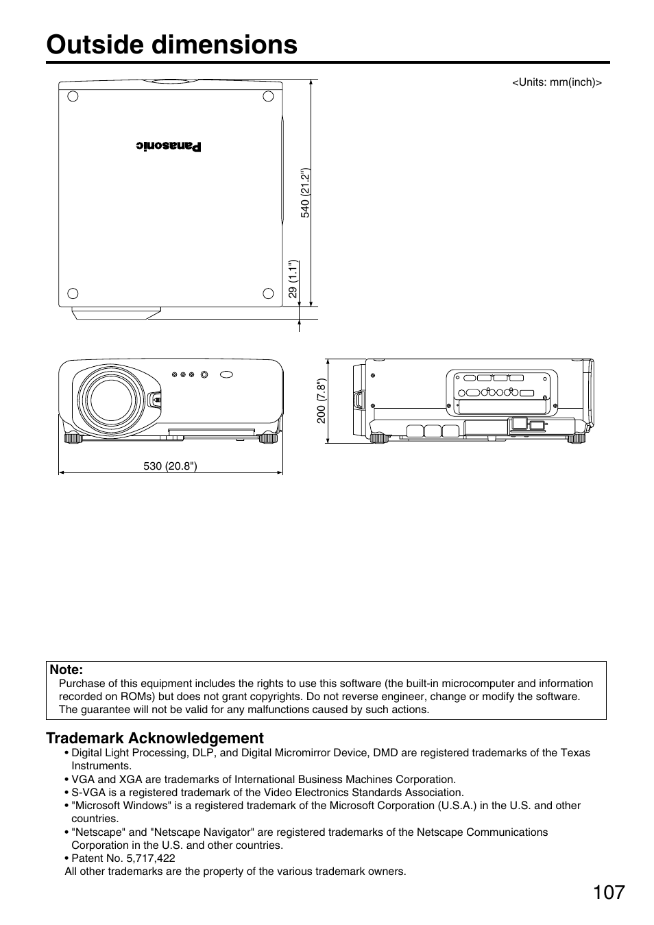 Outside dimensions, Trademark acknowledgement | Panasonic PT-DW7700 ENG User Manual | Page 107 / 116