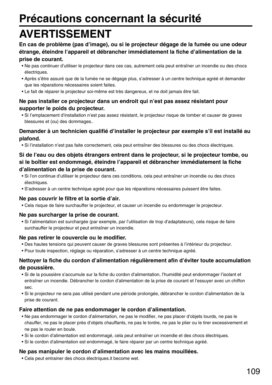 Précautions concernant la sécurité avertissement | Panasonic PT-DW7700 ENG User Manual | Page 109 / 116