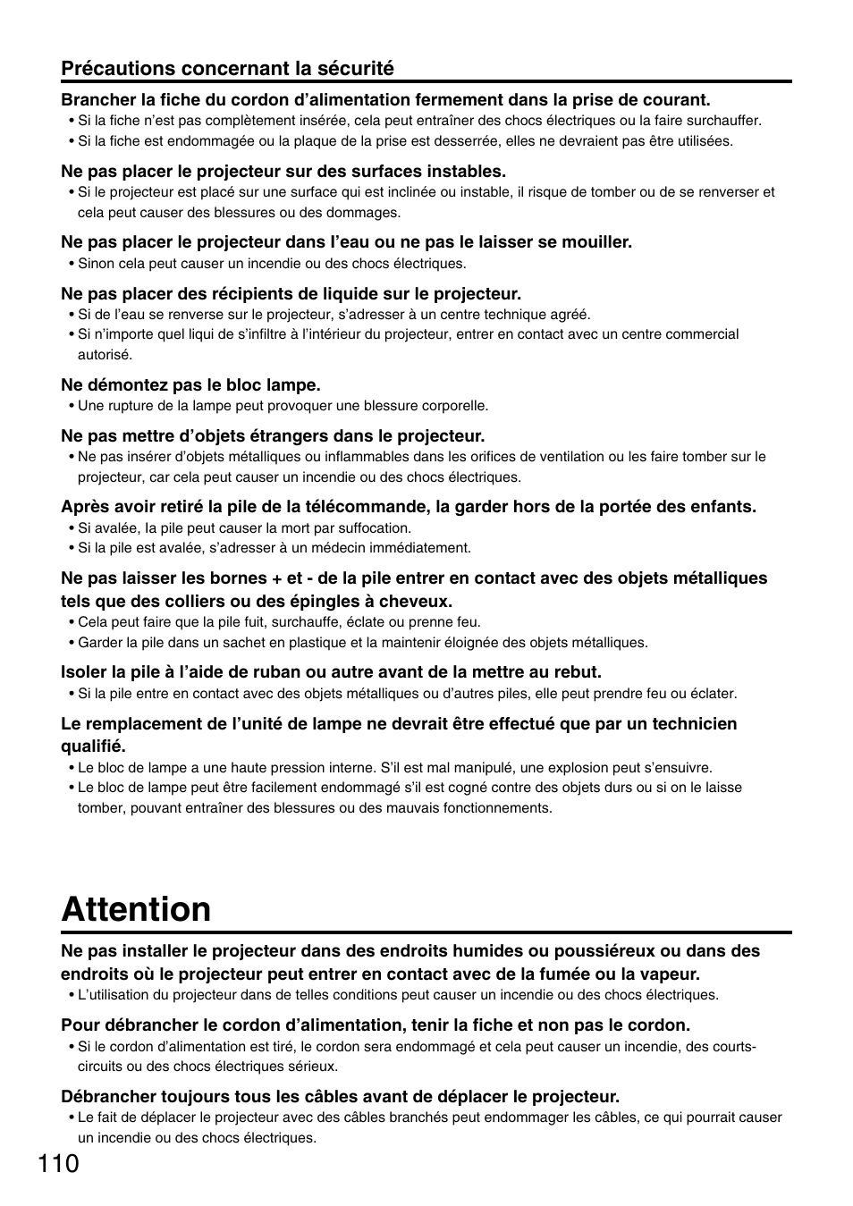 Attention, Précautions concernant la sécurité | Panasonic PT-DW7700 ENG User Manual | Page 110 / 116