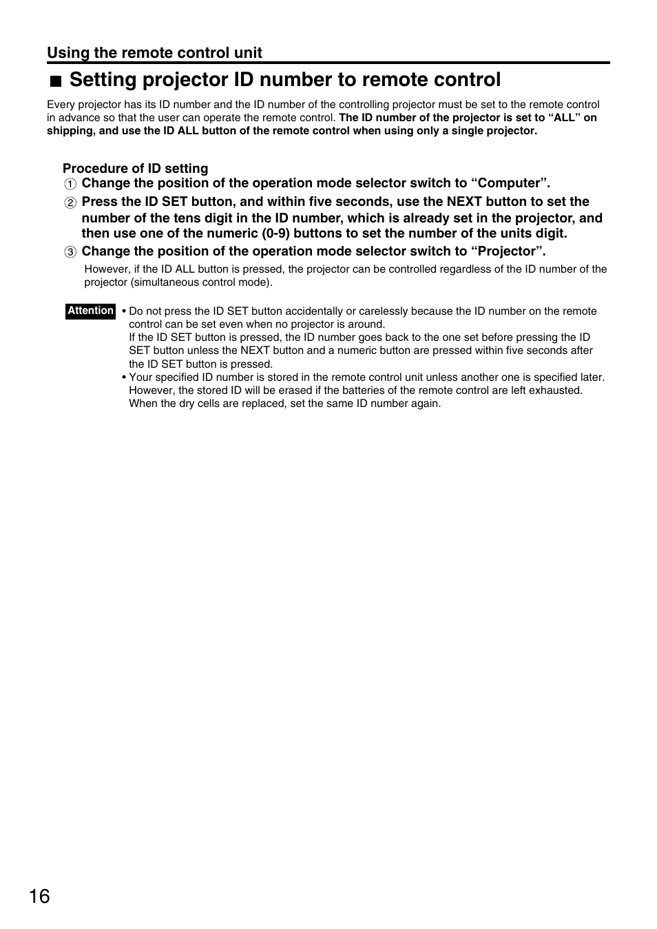 Setting projector id number to remote control | Panasonic PT-DW7700 ENG User Manual | Page 16 / 116