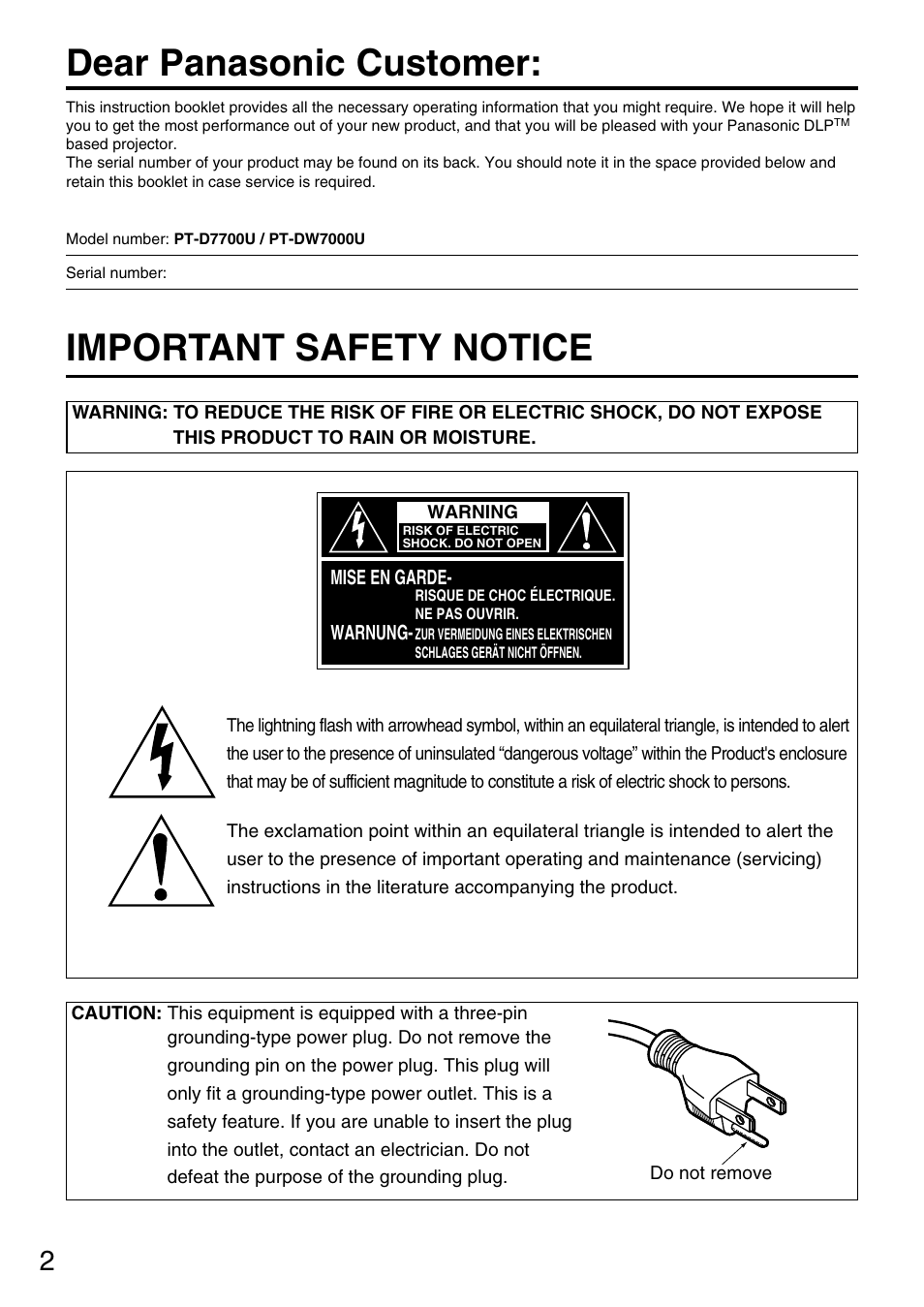 Dear panasonic customer, Important safety notice | Panasonic PT-DW7700 ENG User Manual | Page 2 / 116