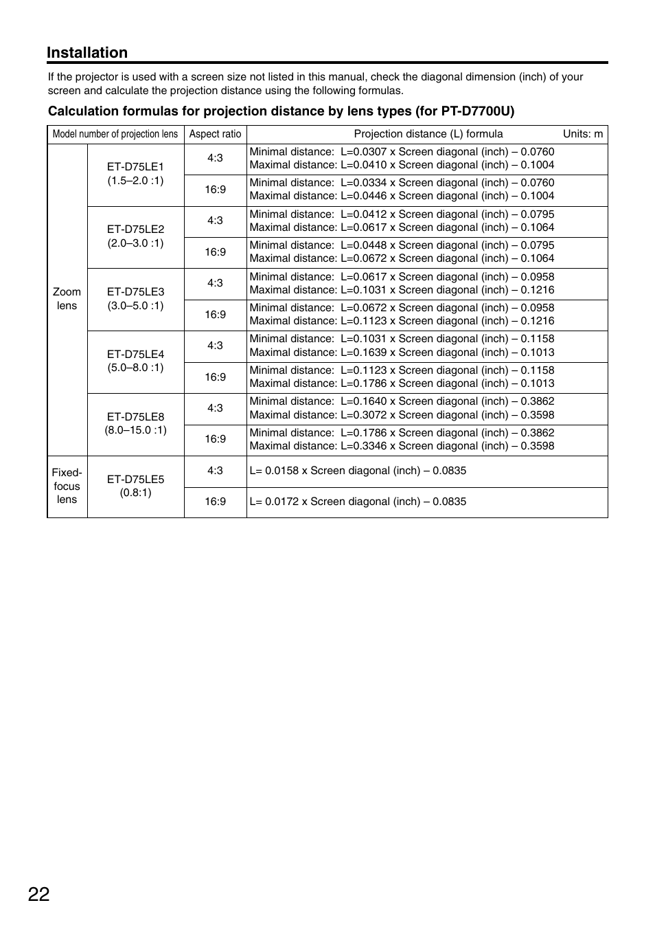 Installation | Panasonic PT-DW7700 ENG User Manual | Page 22 / 116