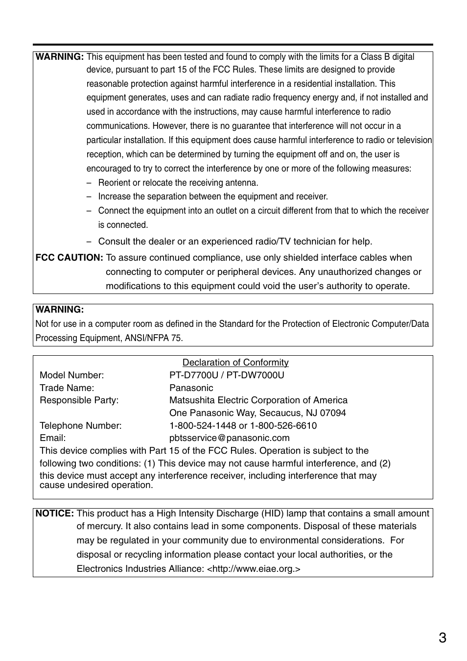 Panasonic PT-DW7700 ENG User Manual | Page 3 / 116