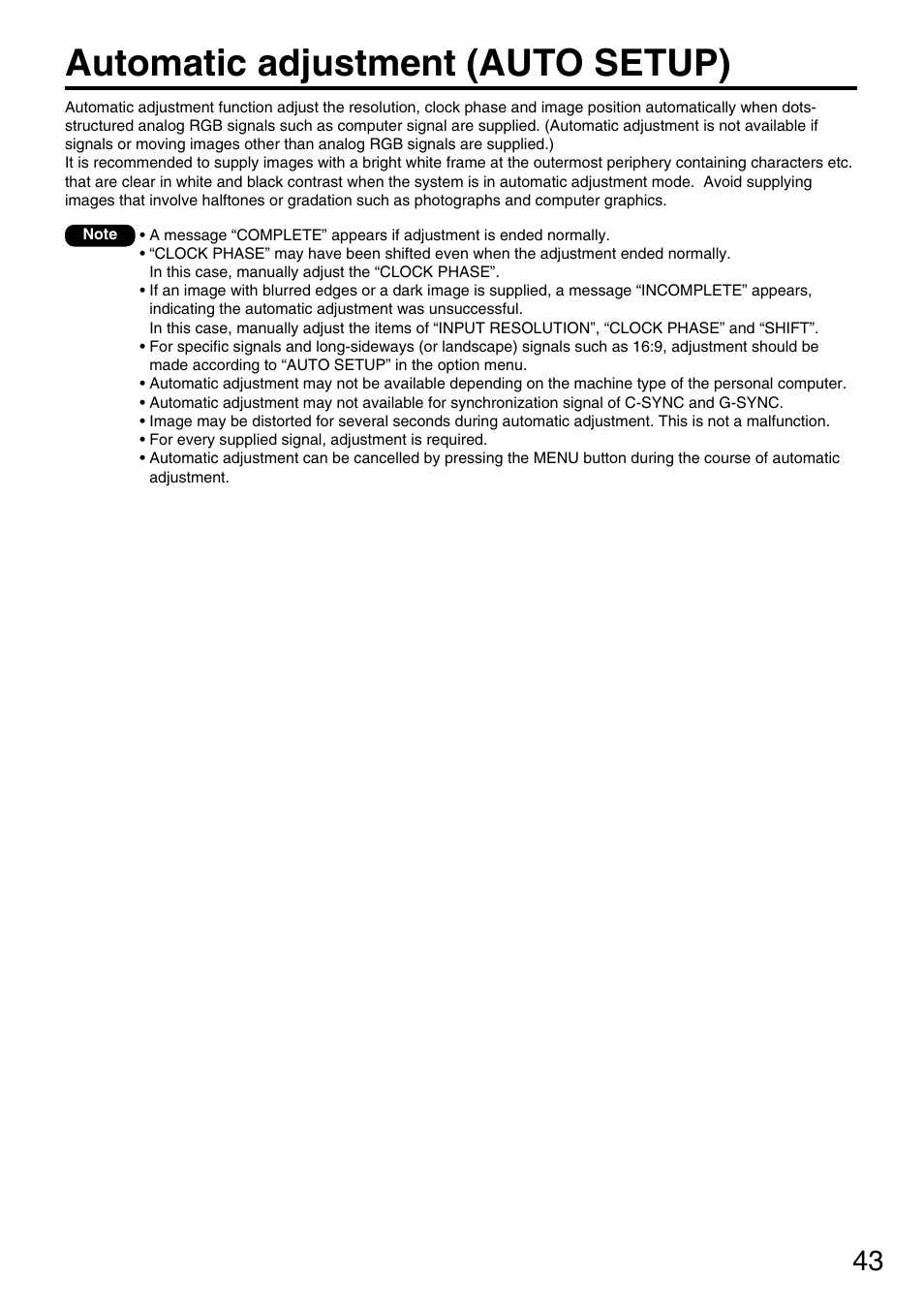 Automatic adjustment (auto setup) | Panasonic PT-DW7700 ENG User Manual | Page 43 / 116