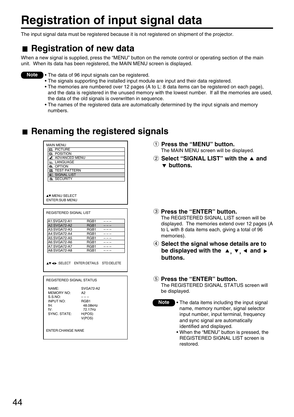 Registration of input signal data, Press the “menu” button, Select “signal list” with the and buttons | Press the “enter” button | Panasonic PT-DW7700 ENG User Manual | Page 44 / 116