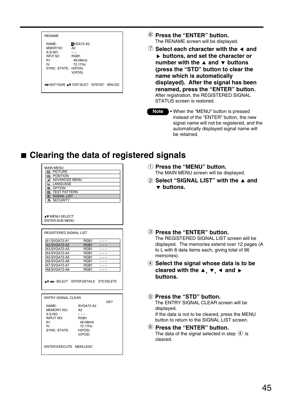 45 clearing the data of registered signals, Press the “menu” button, Press the “std” button | Press the “enter” button | Panasonic PT-DW7700 ENG User Manual | Page 45 / 116